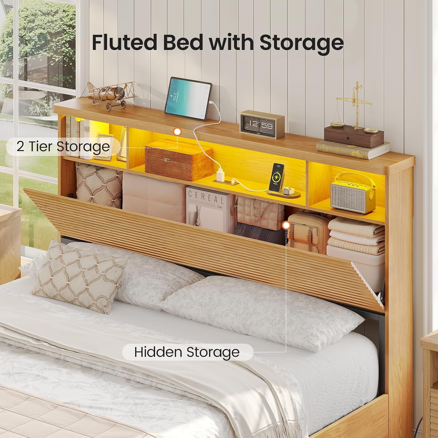 VIAGDO Wood Bed Frame Queen Size with 4 Storage Drawers & Bookcase Headboard, Led Wooden Queen Bed Frame with Charging Station,No Box Spring Needed,Wood