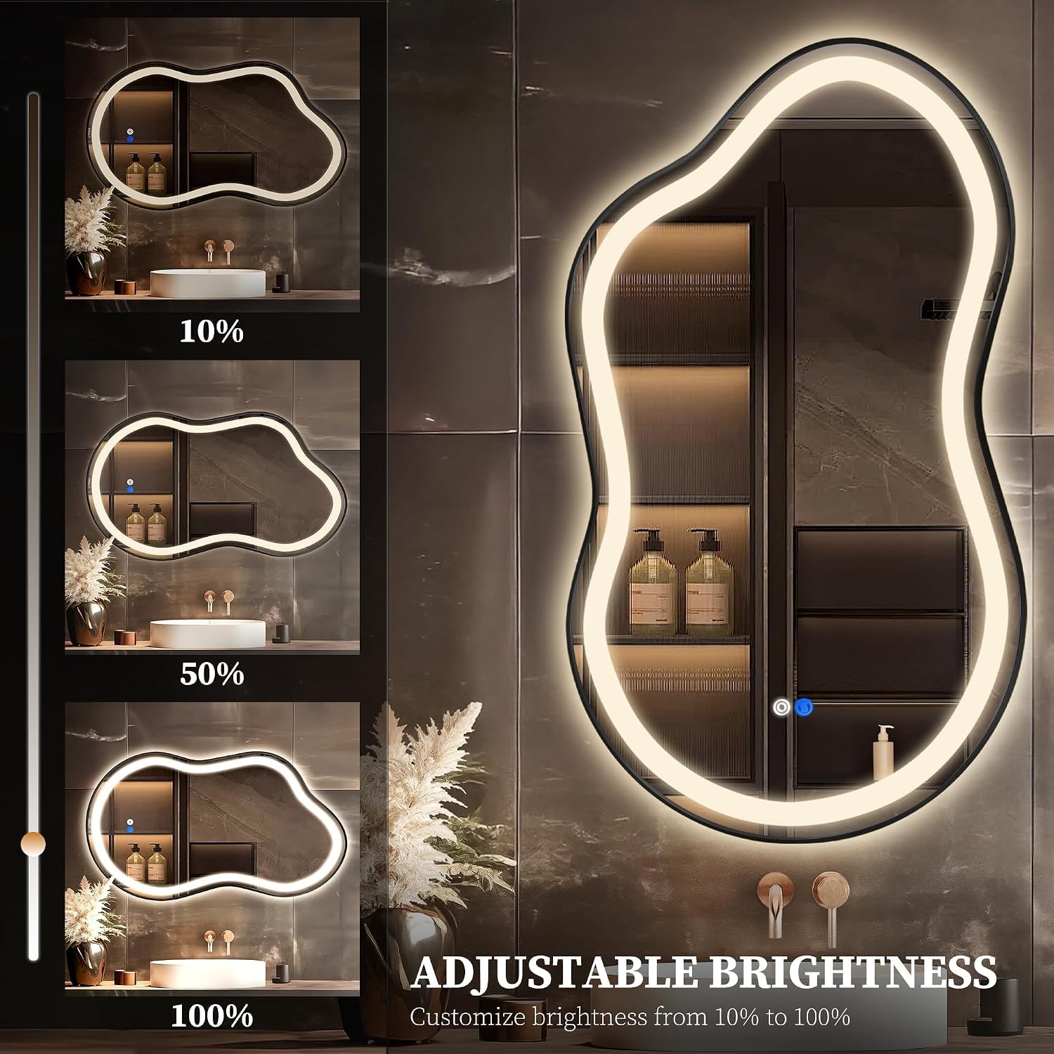 Irregular LED Bathroom Mirror with Lights, Cloud Smart Backlit Mirror, Dimmable Lighted Bathroom Mirror with Anti-Fog, Asymmetrical Vanity Mirror Hangable 2 Ways (Black, 24' x 36', 1 Pack)