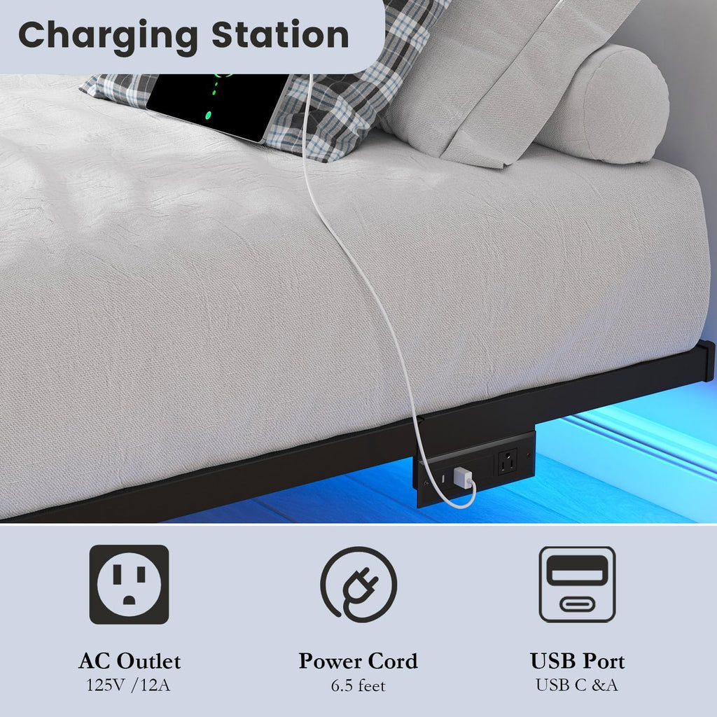 HAVONIZD Queen Floating Bed Frame with LED Lights and Charging Station - 10 inch Platform Bed Frame No Box Spring Needed, Easy Assembly