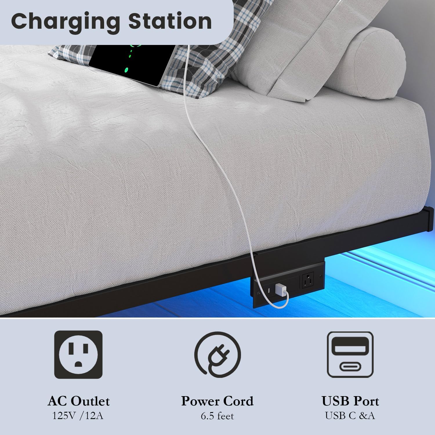 HAVONIZD Queen Floating Bed Frame with LED Lights and Charging Station - 10 inch Platform Bed Frame No Box Spring Needed, Easy Assembly