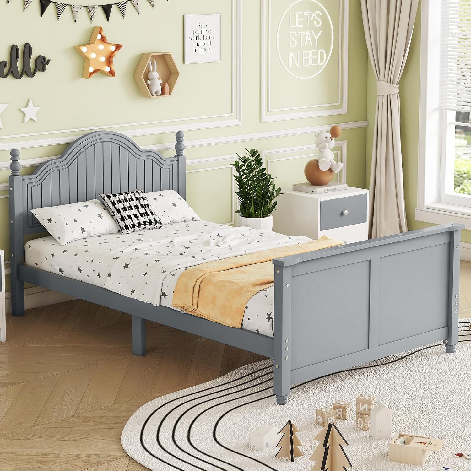Twin Kids Bed Frame with Full-Length Guardrails, Low Profile Wood Platform Bed with Headboard & Footboard, Removable Safety Rails, 6.7' Under-Bed Storage, Roman Column Design, Twin Size, Gray