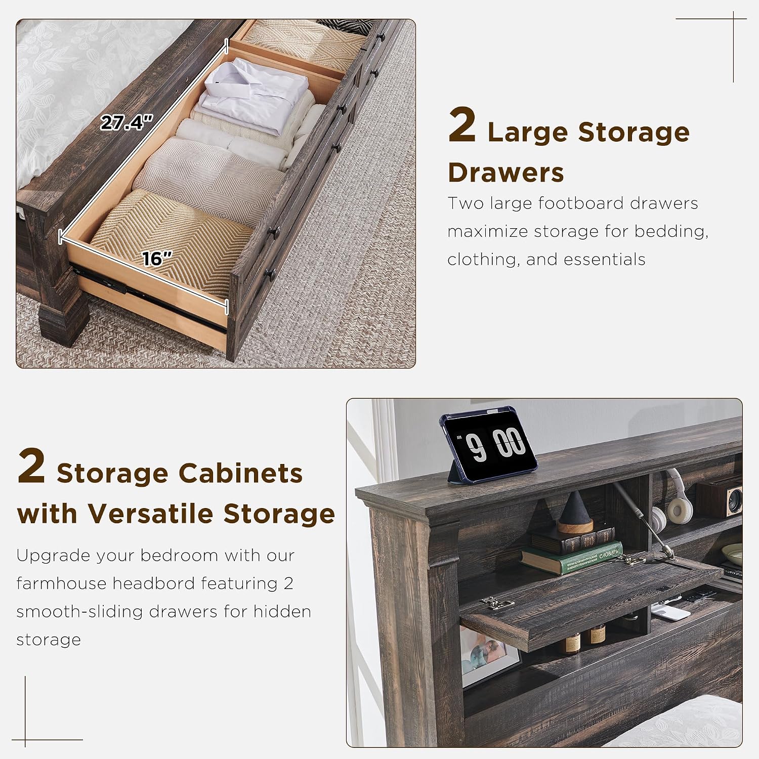 T4TREAM Farmhouse Queen Size Bed Frame with 54' Tall Storage Bookcase Headboard, Wood Platform Bed Frame with 18' Tall Roman Column Decoration Footboard & 2 Drawers(Dark Rustic Oak)