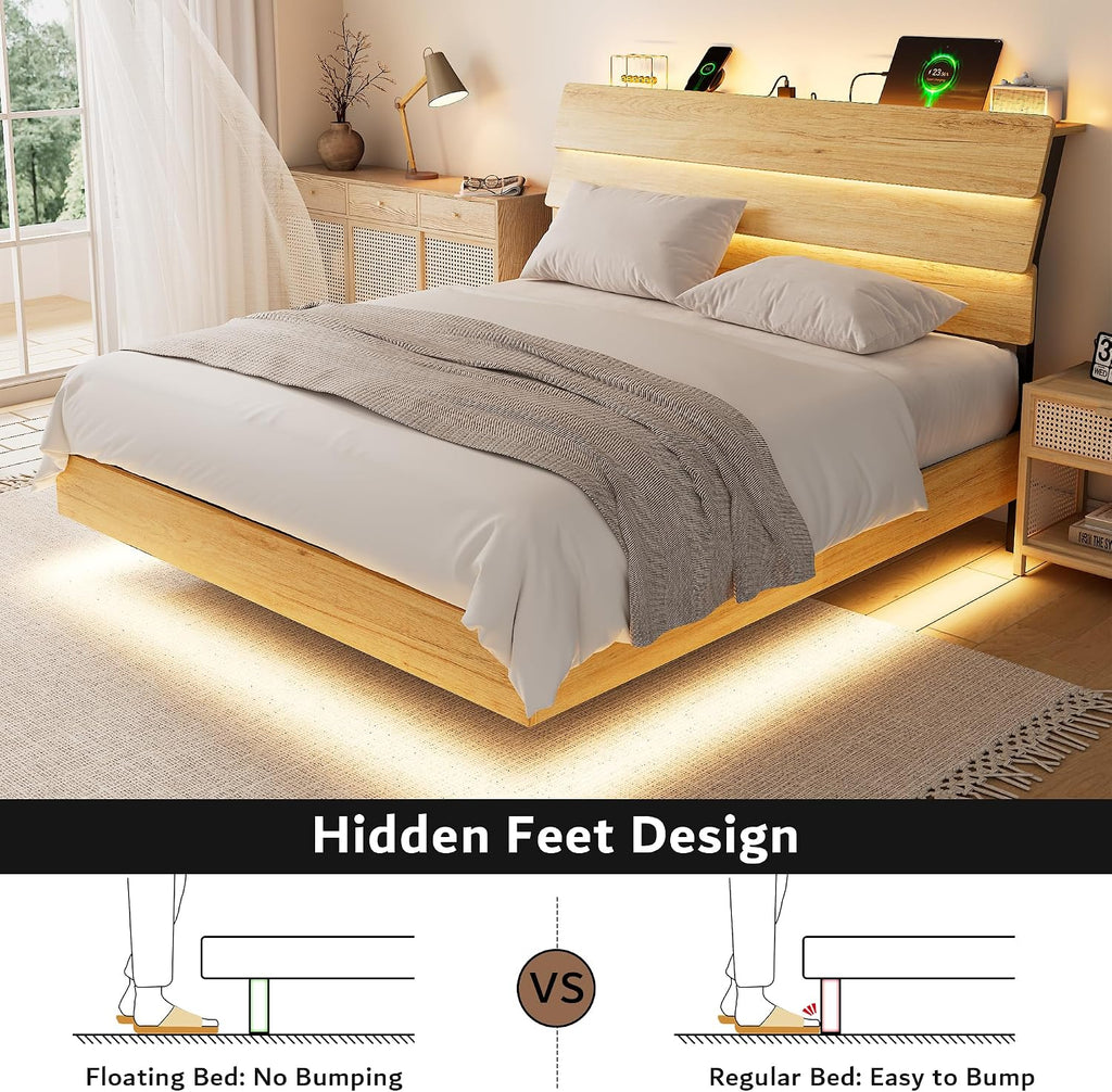 iPormis Floating Full Size Metal Bed Frame with LED Lights & Charging Station, Platform Bed with Wooden Storage Headboard, Sturdy Steel Slats, No Box Spring Needed, Easy Assembly, Noise-Free, Oak