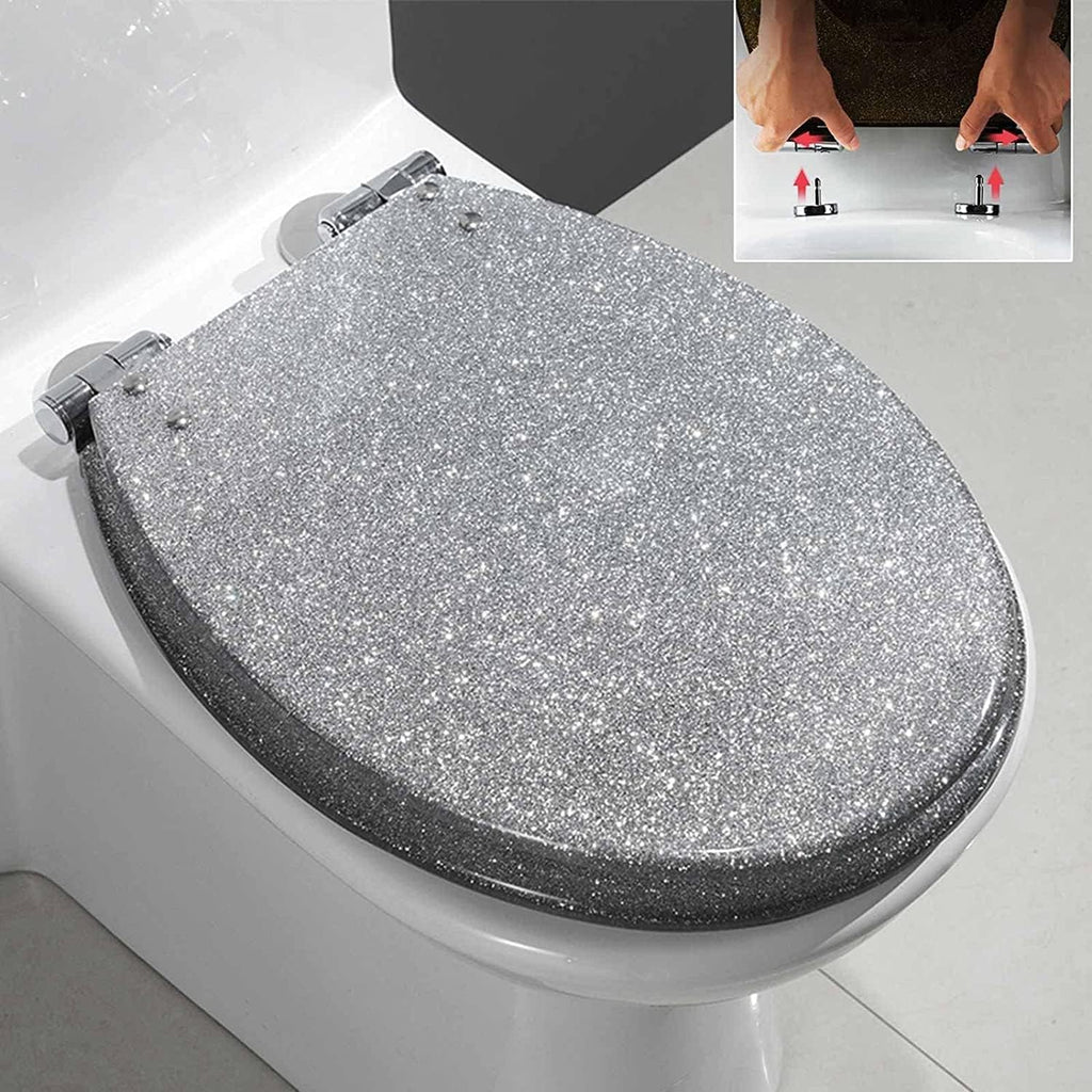 Glitter Resin Toilet Seat, Toilet Seat Cover Round, Easy Installation and Cleaning, Soft Close and Sands for U/V/O Type Toilet, 16.5 Inches,H