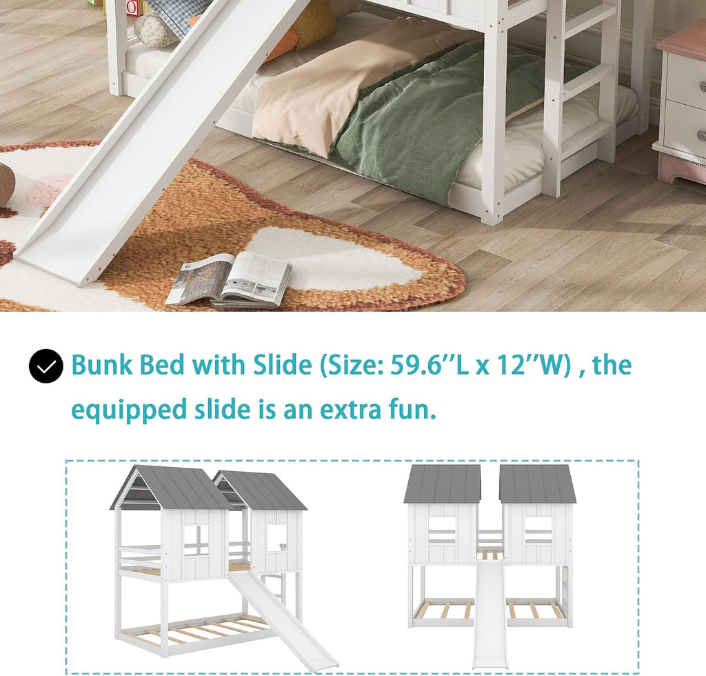 Polibi Slide Wooden Bunk Bed with Windows, Ladder, Guardrails and Twin Size in White