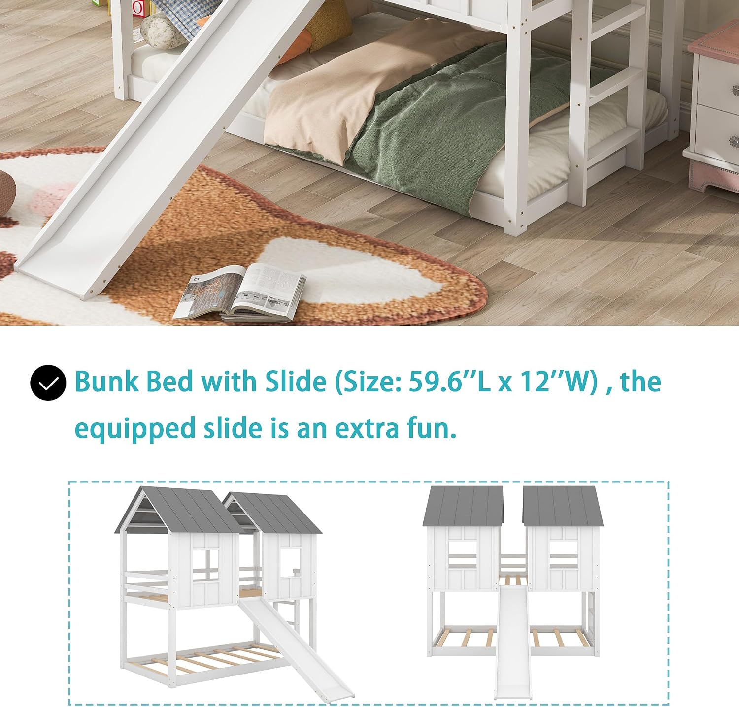 Polibi Slide Wooden Bunk Bed with Windows, Ladder, Guardrails and Twin Size in White