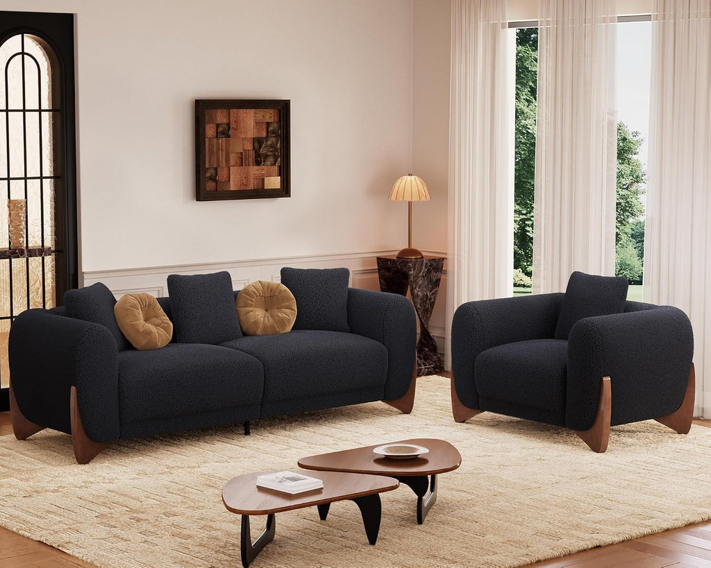 Morden Fort Sherpa Boucle Couch Armchair Single, Modern Sofa Upholstered Deep Chair with Soft Throw Pillow Skin-Friendly Minimalist Accent Chair Compatible with Sofa Set Couch for Living Room, Black