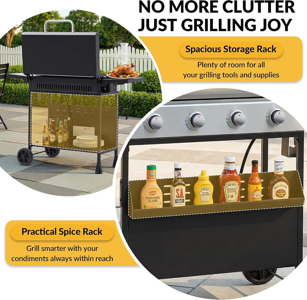 31' Flat Top Propane Gas Griddle with Hood, 4-Burner Heavy Duty Griddle on Cart, Outdoor Portable BBQ Grill Station w/Foldable Side Tables, 455 sq.in, 32000 BTU for Camping Tailgating Backyard