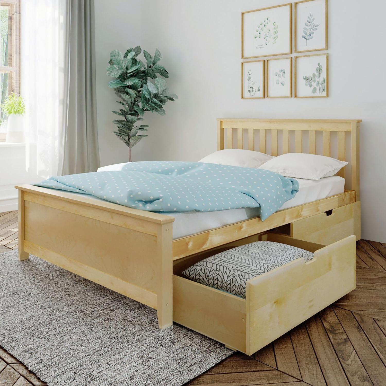 Max & Lily Classic Full Bed, Slatted Headboard, with Storage Drawers, Natural
