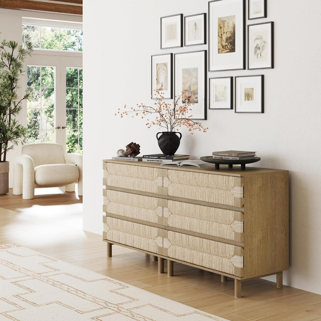 Nathan James Beacon 3 Drawer, Light Brown Boho, Bohemian Woven Seagrass Storage Cabinet for Living Room, Set of 2