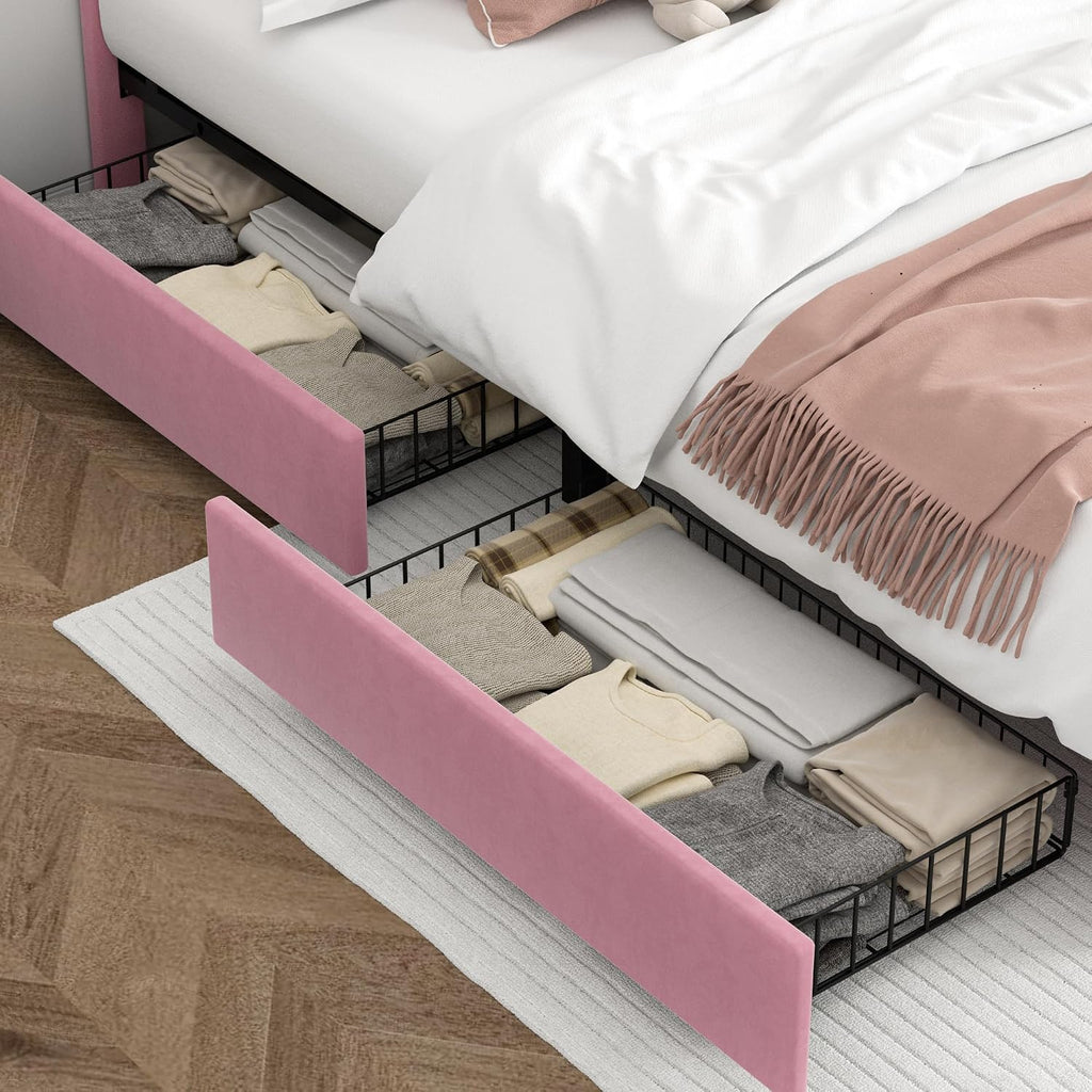 VECELO Queen Bed Frame with 4 Storage Drawers & Upholstered Platform &Tufted Adjustable Headboard/Mattress Foundation/Wood Slat Support,Easy Assembly,Pink