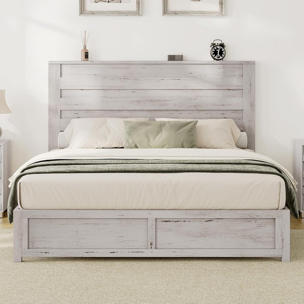 Albott Farmhouse Queen Size Bed Frame with 49' Slatted Headboard, Platform Bed with Wood Slat Support/No Box Spring Needed/Easy Assembly, Distressed White