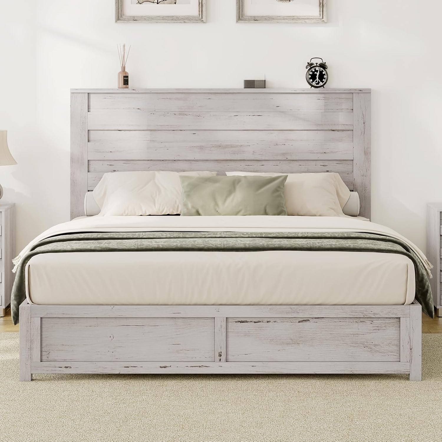 Albott Farmhouse Queen Size Bed Frame with 49' Slatted Headboard, Platform Bed with Wood Slat Support/No Box Spring Needed/Easy Assembly, Distressed White
