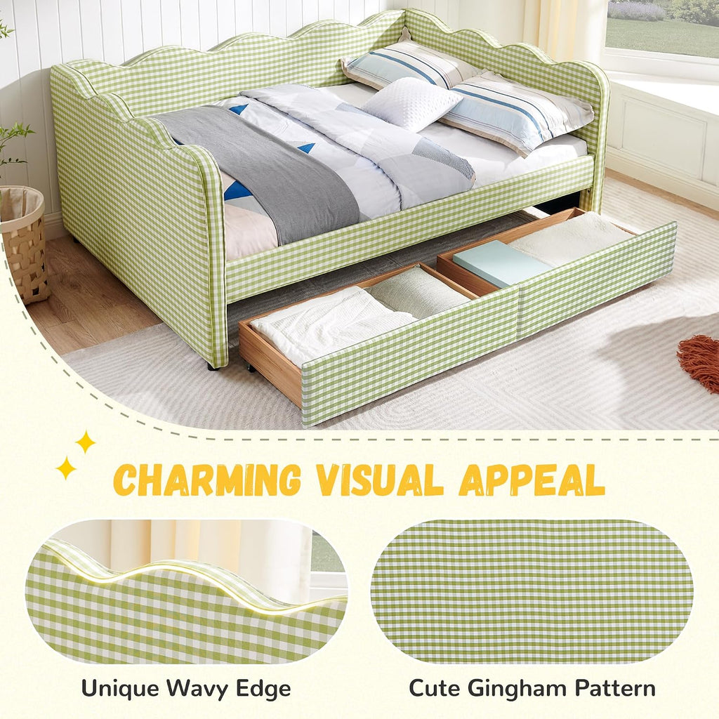 DEINPPA Full Size Upholstered Daybed with 2 Storage Drawers, Gingham Daybed with USB Ports for Bedroom Living Room Guest Room-Green