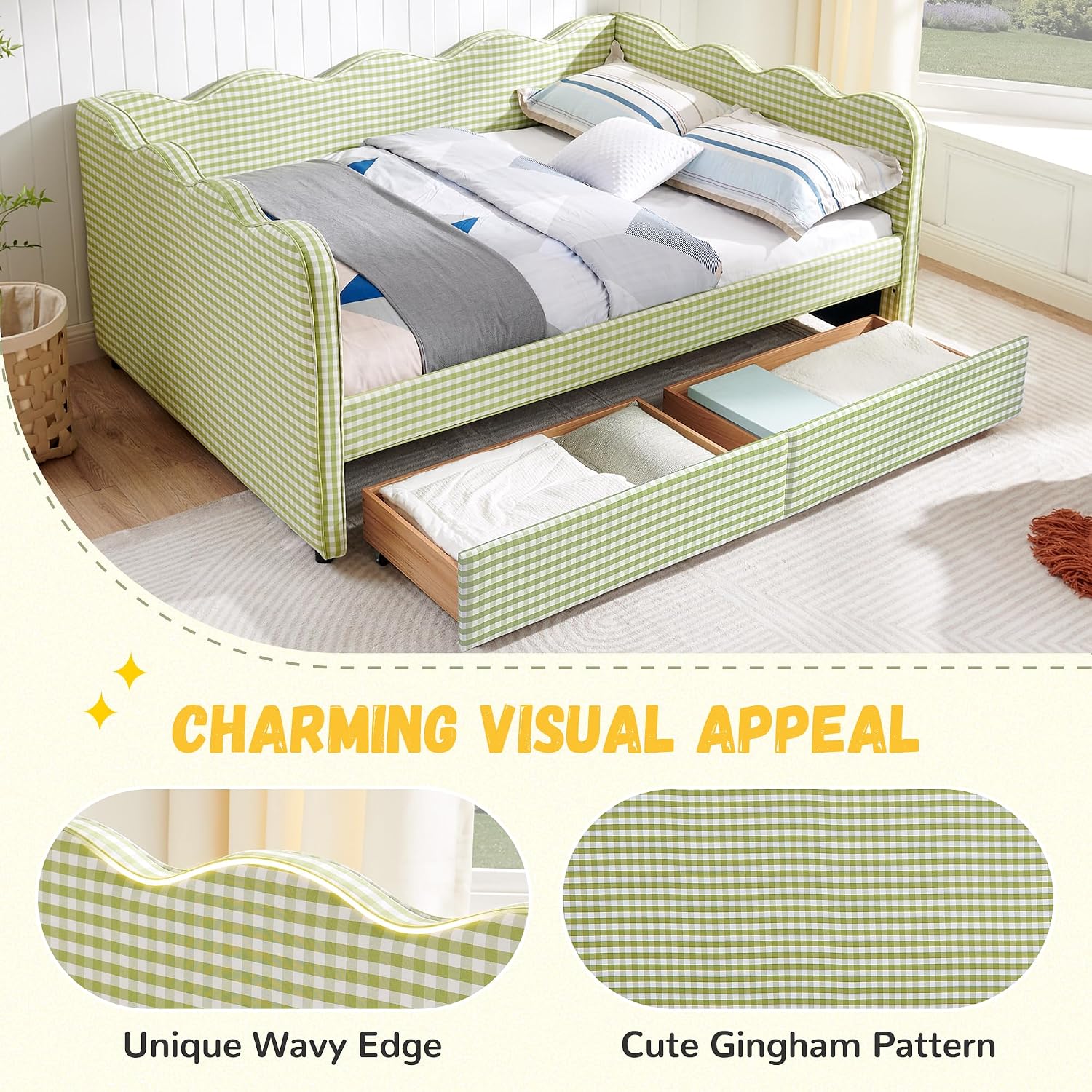 DEINPPA Full Size Upholstered Daybed with 2 Storage Drawers, Gingham Daybed with USB Ports for Bedroom Living Room Guest Room-Green