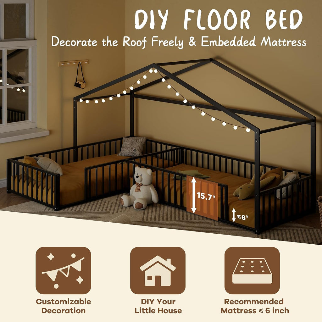 Double Twin Size L-Shaped Montessori Floor Bed Without Slats, Metal Corner House Bed Frame with Fence, Black