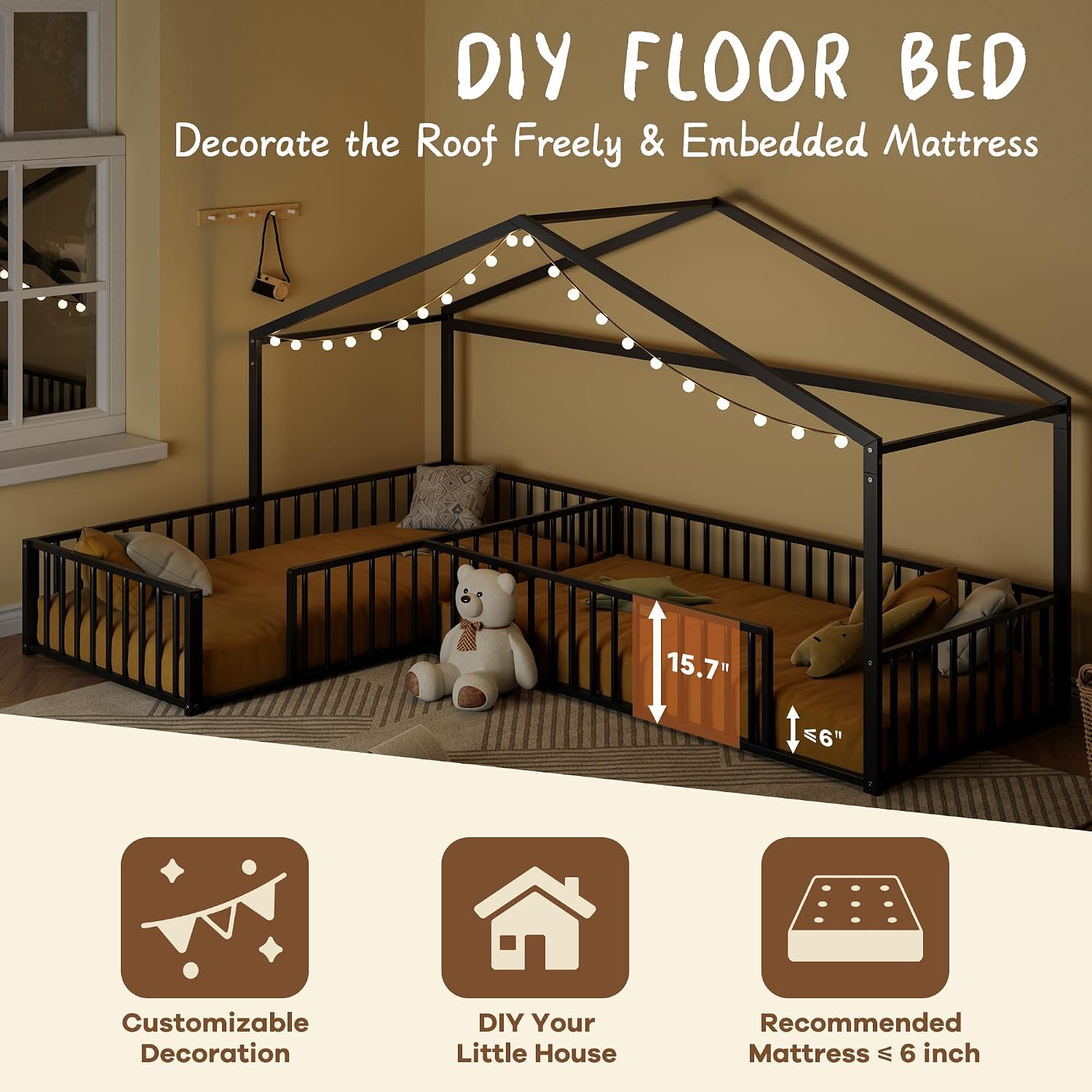 Double Twin Size L-Shaped Montessori Floor Bed Without Slats, Metal Corner House Bed Frame with Fence, Black