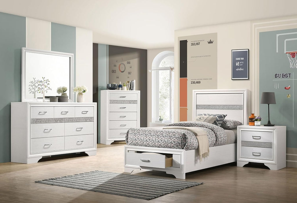 Coaster Home Furnishings Miranda Contemporary 5-Piece Bedroom Set Twin Size Storage Panel Bed Frame 50-inch Headboard White 205111T-S5