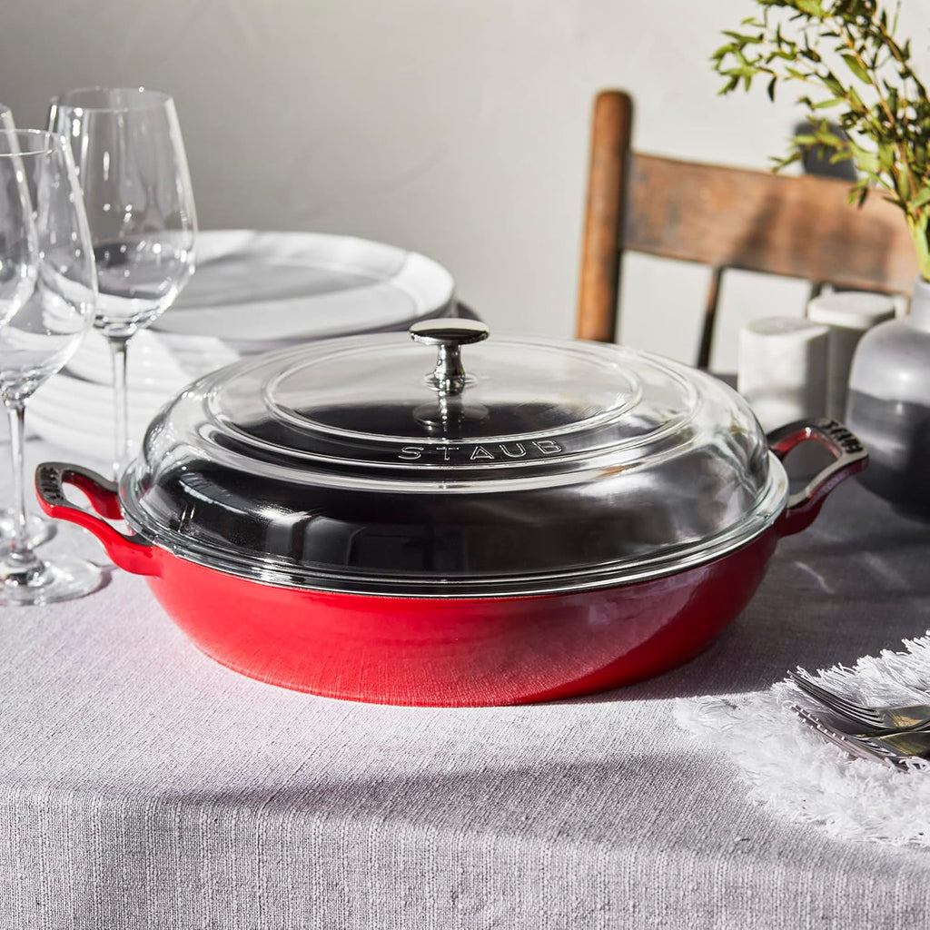 Staub Cast Iron Braiser with Glass Lid, Dutch Oven, 3.5-quart, serves 3-4, Made in France, Cherry