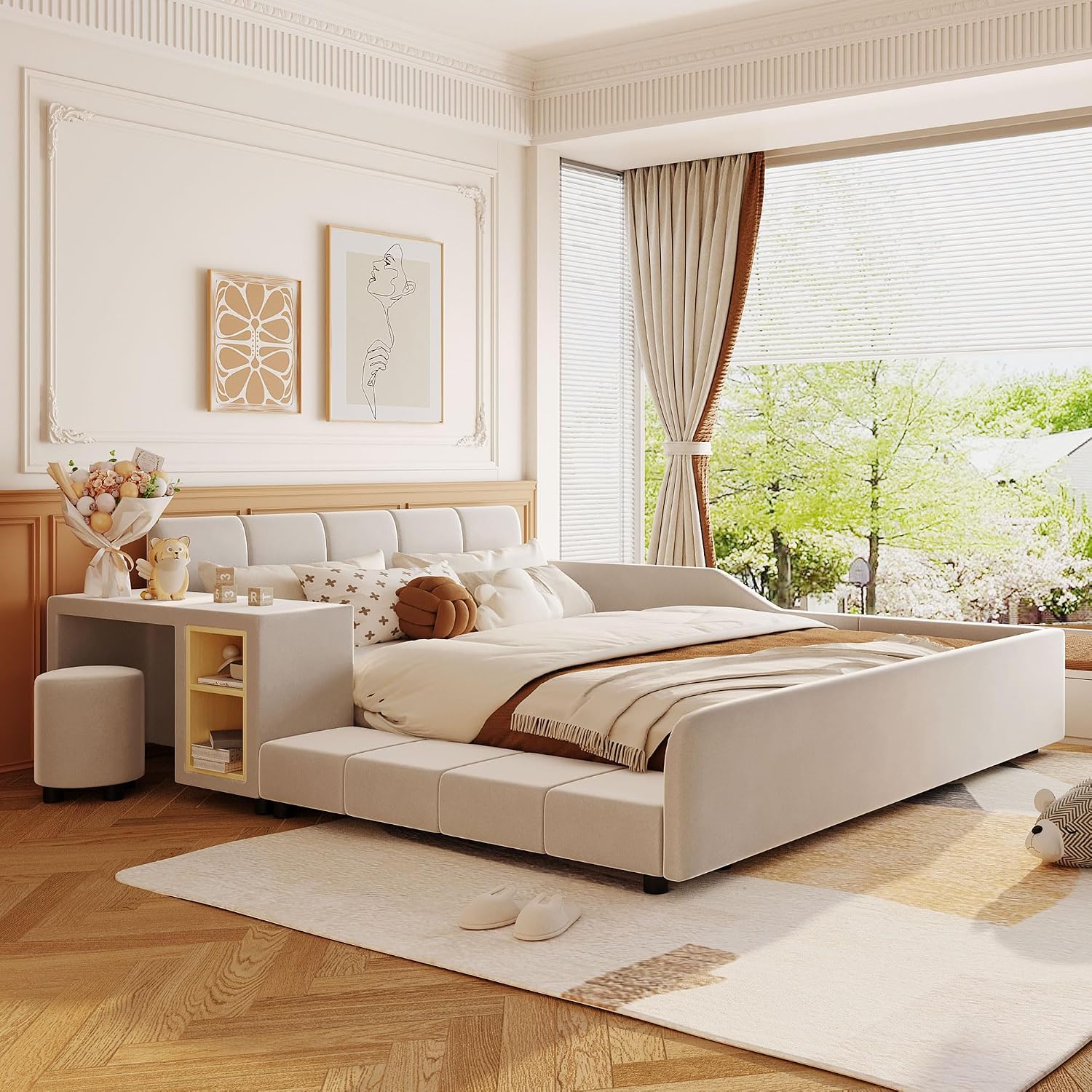 Merax Queens Size Velvet Bed Frames Upholstered Grounded Bed, Wooden Mother & Child Bed with Bedside Desk and Little Round Stool,Kids Adults Bedroom Floor Platform Bed,Beige
