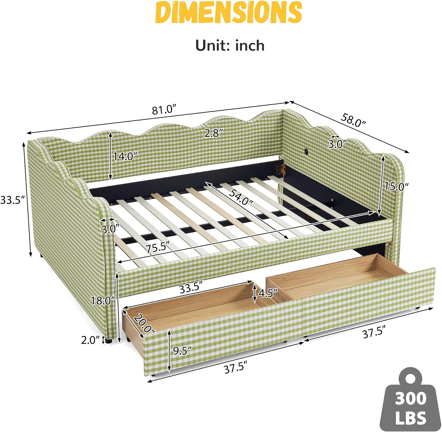 DEINPPA Full Size Upholstered Daybed with 2 Storage Drawers, Gingham Daybed with USB Ports for Bedroom Living Room Guest Room-Green