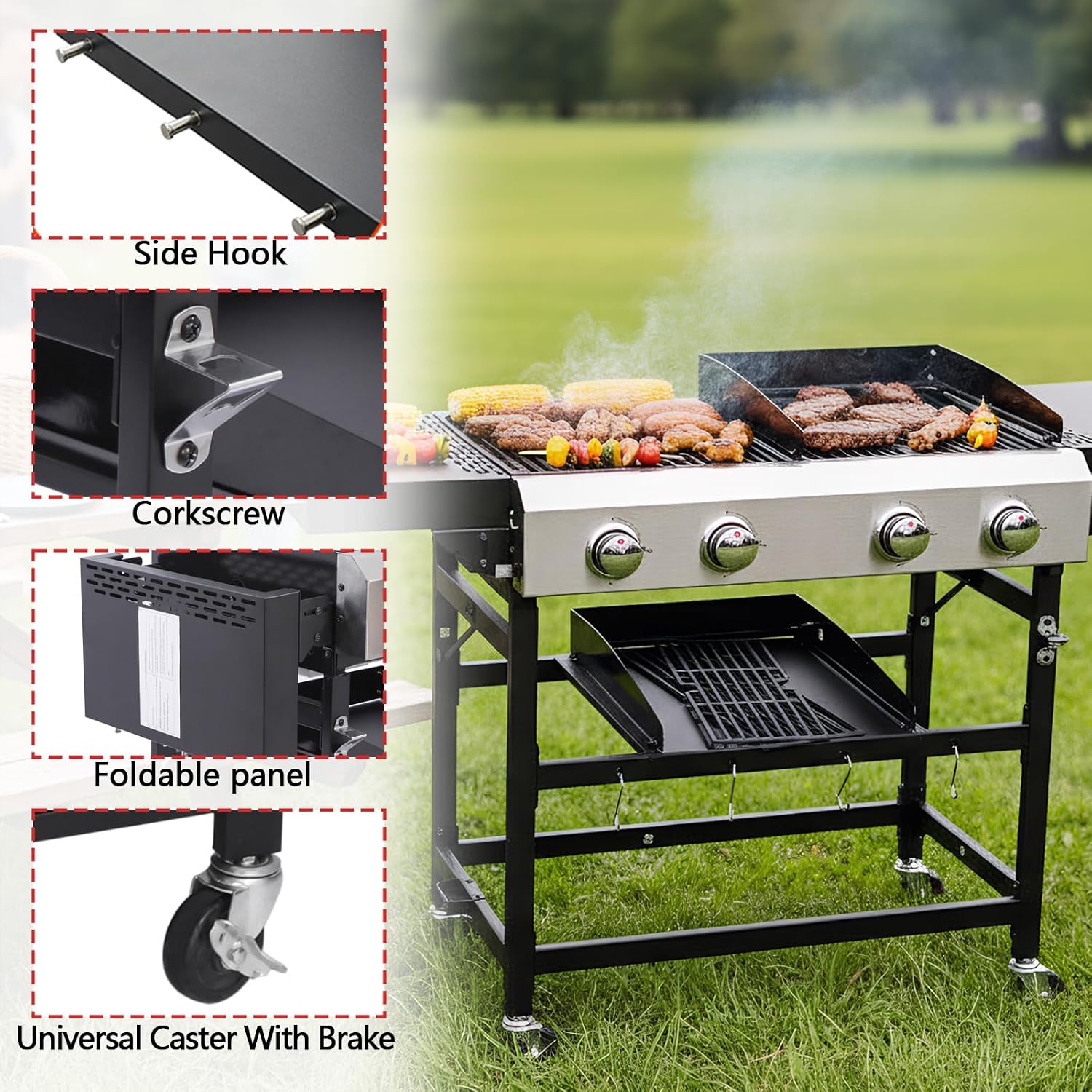 4-Burner Propane Gas Grill and Griddle Combo, Stainless Steel Propane Grill 36,900 BTU Outdoor Cabinet Style with Wheels, Wire Rack and Two Foldable Side Table (2 Grill Pans + 2 Grills)