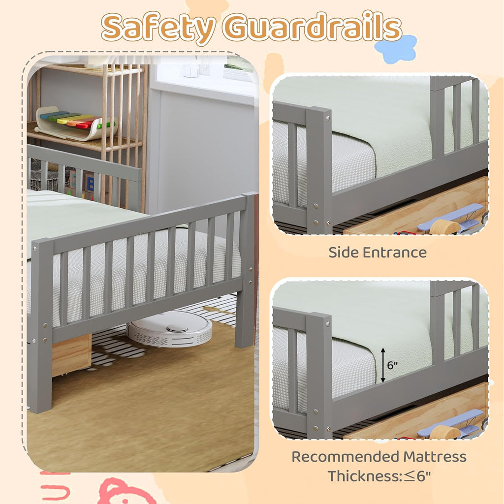 VilroCaz Wood Twin Size Platform Bed with Safety Fence for Kids Boys Girls, Platform Bed Frame with Practical Headboard and 2 Under-Bed Drawers, Sturdy Slats Support (Gray-3.15)