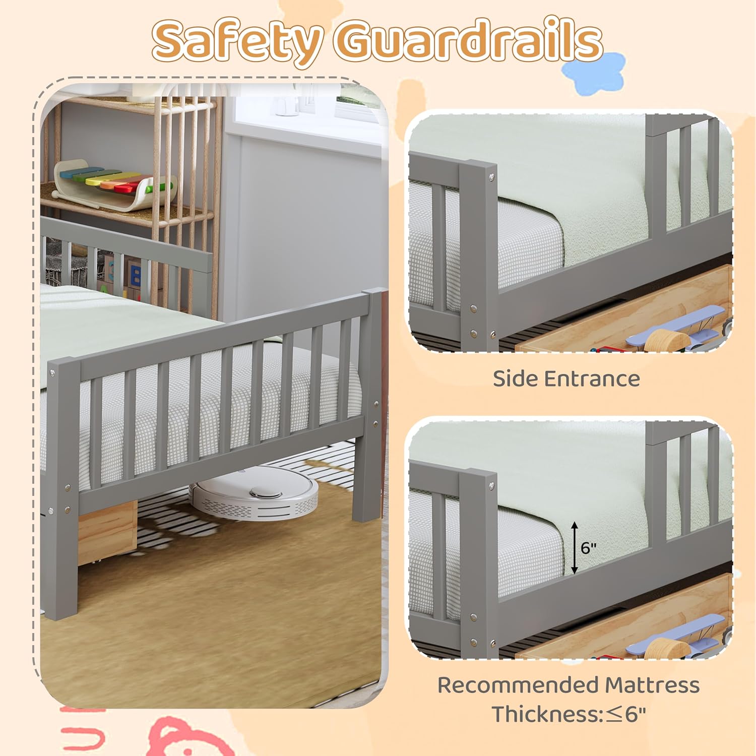 VilroCaz Wood Twin Size Platform Bed with Safety Fence for Kids Boys Girls, Platform Bed Frame with Practical Headboard and 2 Under-Bed Drawers, Sturdy Slats Support (Gray-3.15)