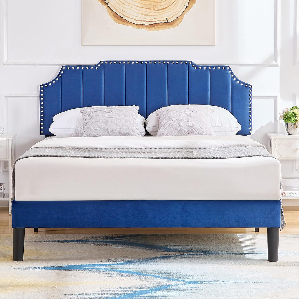 VECELO Full Upholstered Platform Bed Frame with Tufted Adjustable Headboard/Mattress Foundation/Wood Slat Support,Easy Assembly,Navy Blue