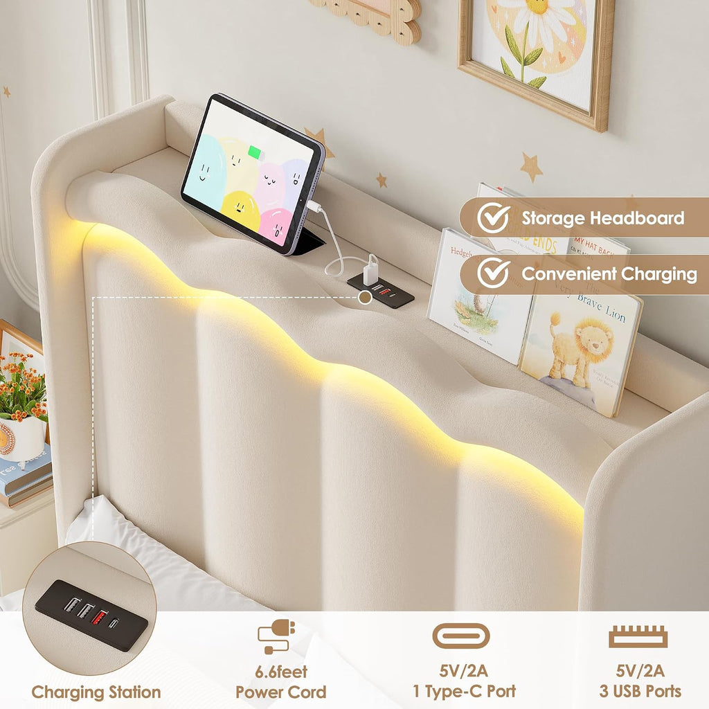 HIFIT 2 Set Upholstered Twin Size LED Bed Frame with Storage Drawer and Charging Station, Velvet Princess Twin Bed for Kids, Girls Bed with Double Wavy Wingback Headboard and Solid Frame, Beige