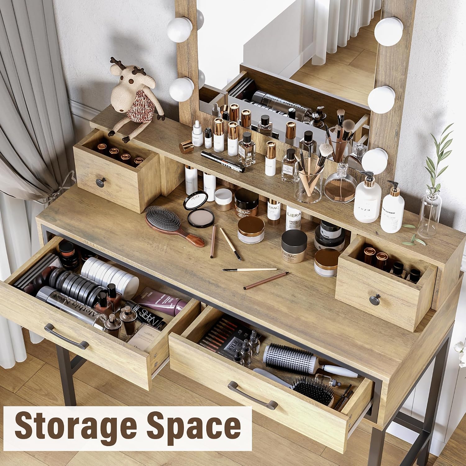RoyalCraft Vanity Desk with Mirror and Lights, Makeup Vanity with 3 Color Dimmable Lighted Hollywood Mirror, Brown Makeup Table with 4 Drawers, Large Dressing Table for Women Girls