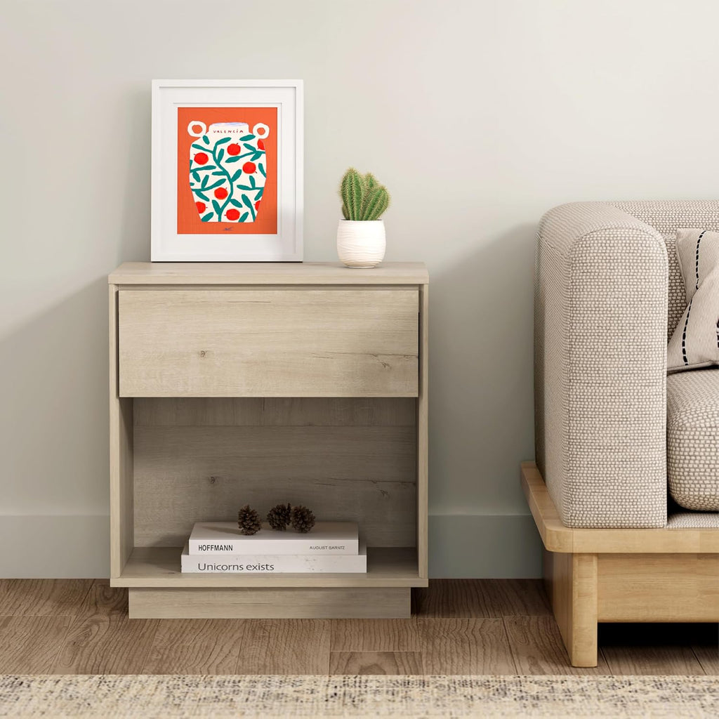 EYYTHUNG Modern End Side Table Set of 2, Wood Nightstand with Storage and Open Shelf, Farmhouse Boho Bedside Table Accent Night Stand for Bedroom, Light Oak
