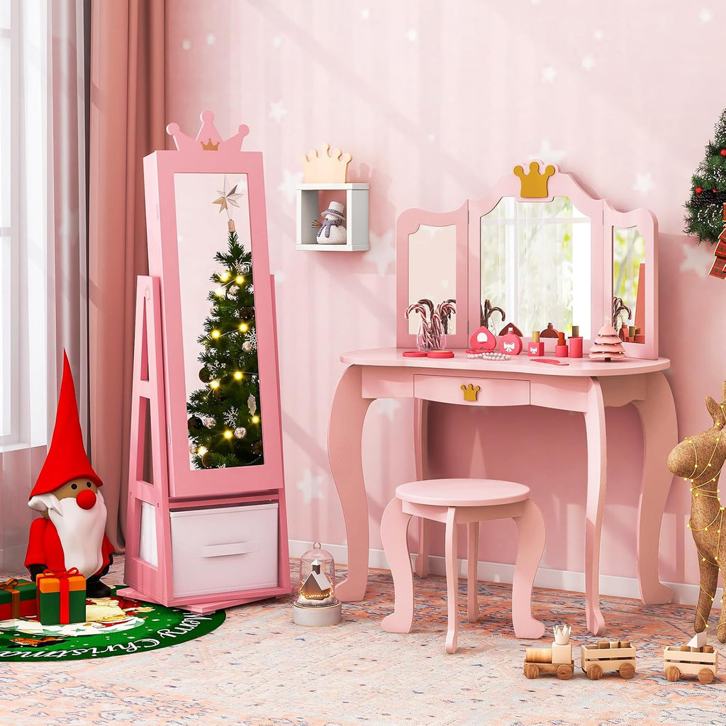 Costzon Kids Vanity & Jewelry Armoire Cabinet, Kids Makeup Vanity Table and Chair Set, 360° Swivel Standing Jewelry Organizer with Full-Length Mirror, Kids Bedroom Furniture Set for Girls (Pink)