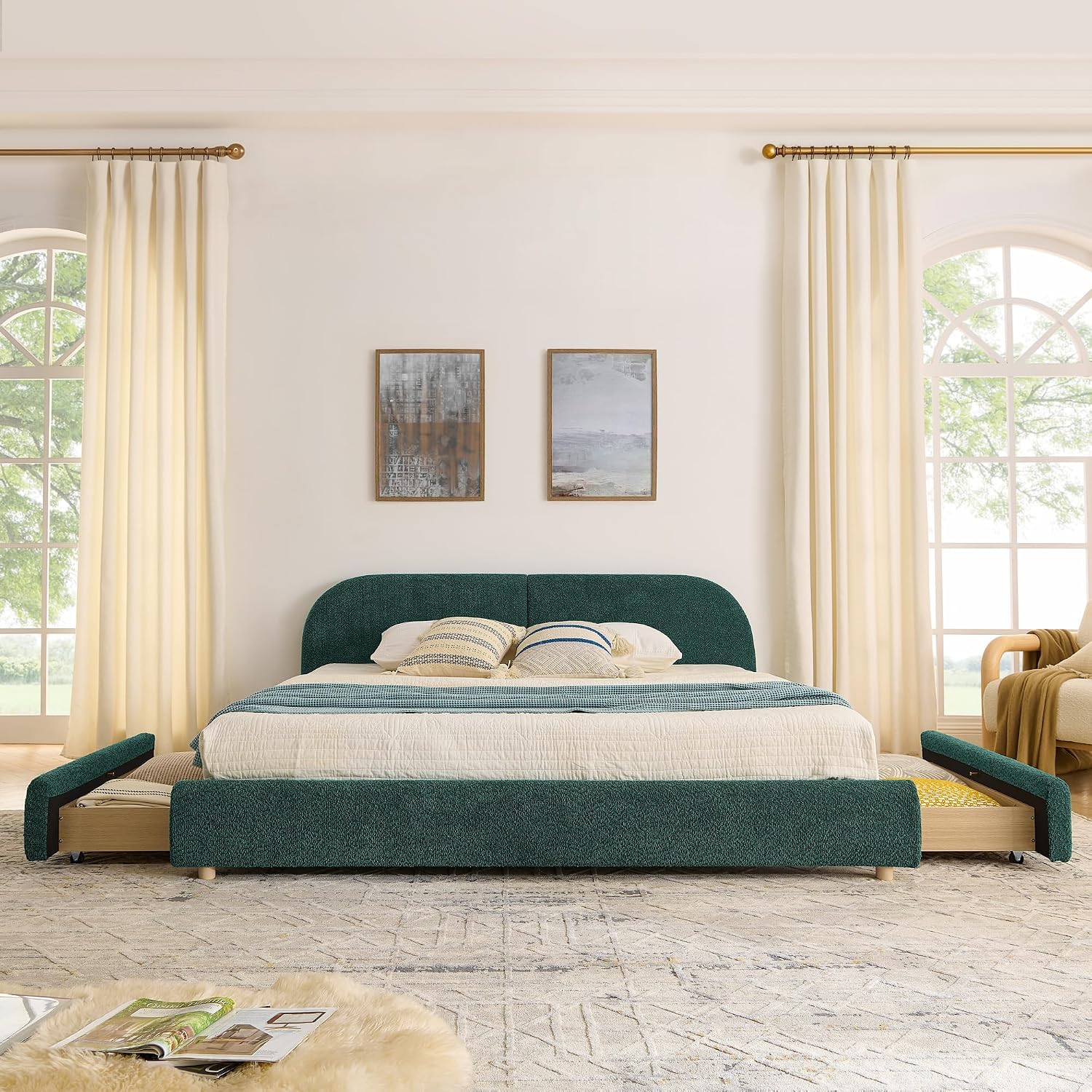 King Size Floor Bed Frame with 4 Wheeled Storage Drawer and Tall Curved Headboard, Modern Minimalist Style Upholstered Platform Bed Frame, Wooden Slats Support, Easy Assembly, Green