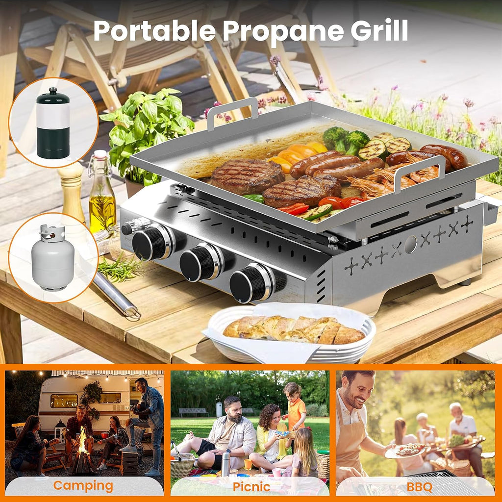 WAA 24000BTU Portable Propane Griddle, Tabletop Portable Propane Gas Grill with 3 Burners, Stainless Steel Flat Top Grill, Outdoor Cooking for Tailgating, Camping, RVs, BBQ, Patio, Silver