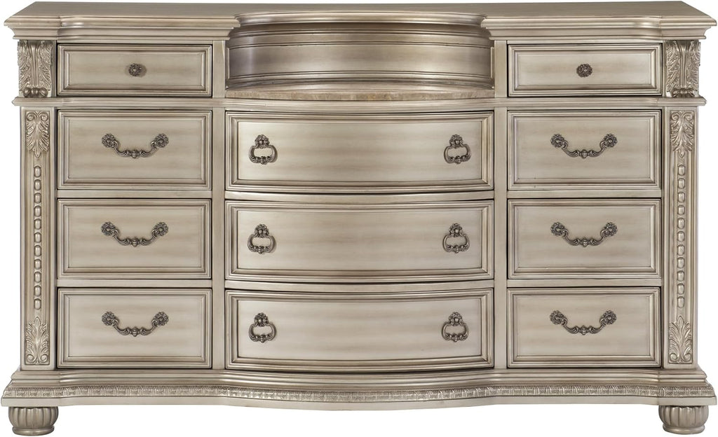 Traditional Classic 5 Pieces Queen Size Set Silver Finish Faux Leather Upholstered Bed Classic Design Marble Top Formal Bedroom Furniture