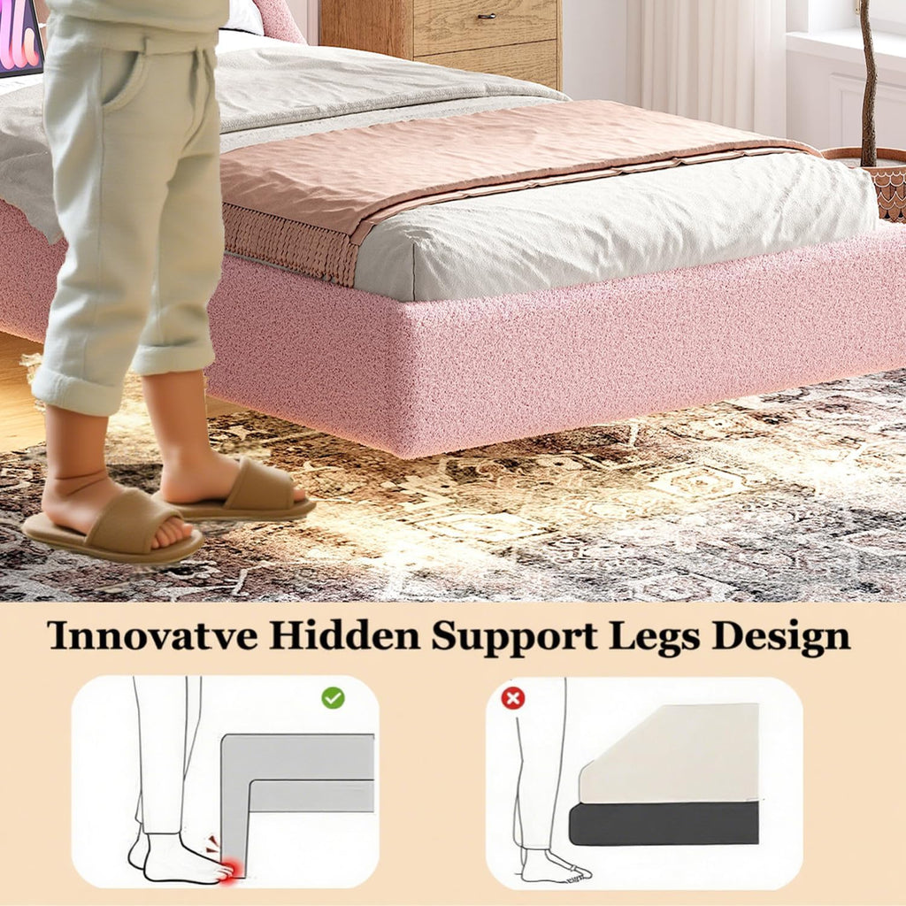 Ailisite Twin Size Floating Bed Frame with Upholstered Headboard and Charging Station, Boucle Platform Bed Frame Queen Size with RGB Led Lights, Strong Wood Slat Support, No Box Spring Needed,Pink