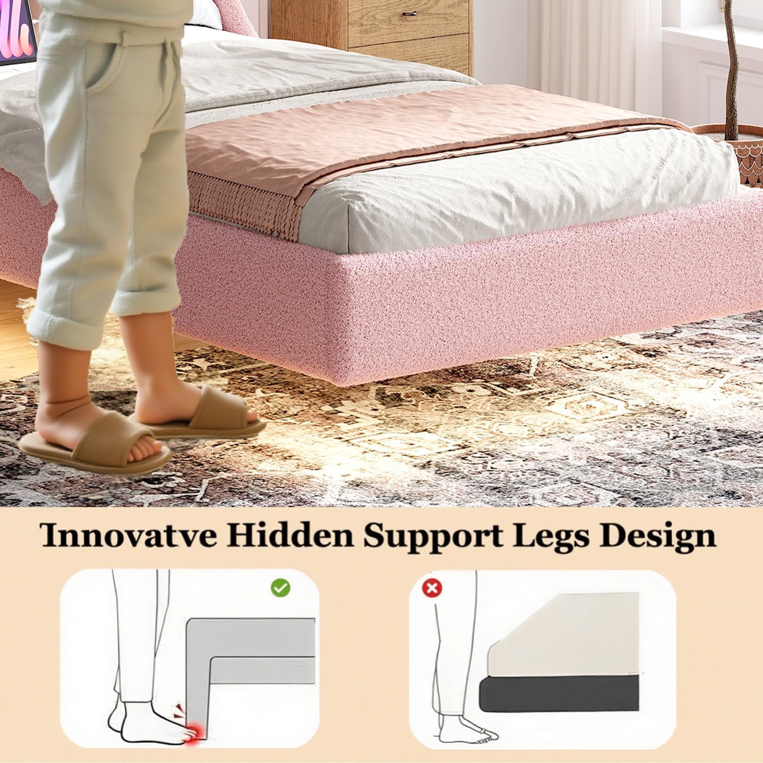 Ailisite Twin Size Floating Bed Frame with Upholstered Headboard and Charging Station, Boucle Platform Bed Frame Queen Size with RGB Led Lights, Strong Wood Slat Support, No Box Spring Needed,Pink