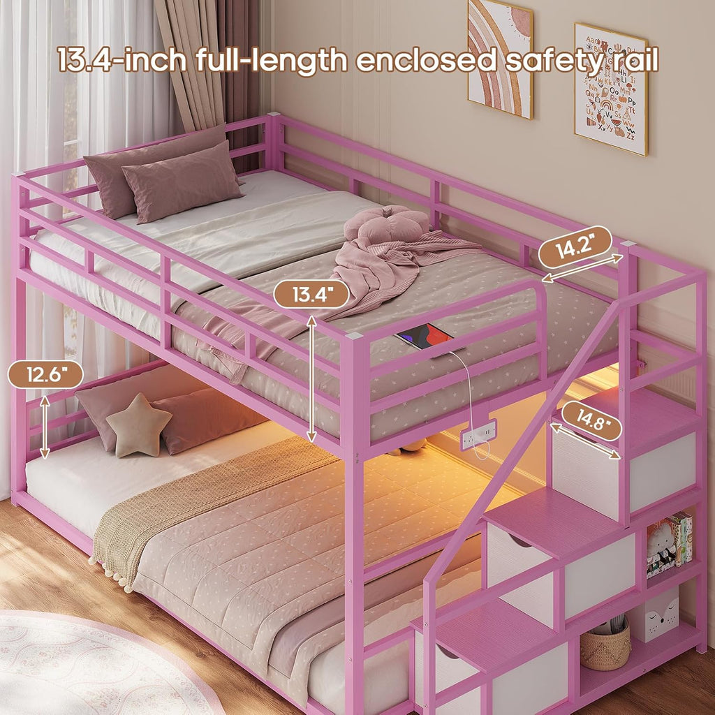 ADORNEVE Low Bunk Bed Twin Over Twin with Storage Stairs, Drawers & Shelves, RGB LED Lights Metal Floor Bunk with Power Outlet, Full-Length Guardrail & Metal Slats, for Small Space, Kids, Pink