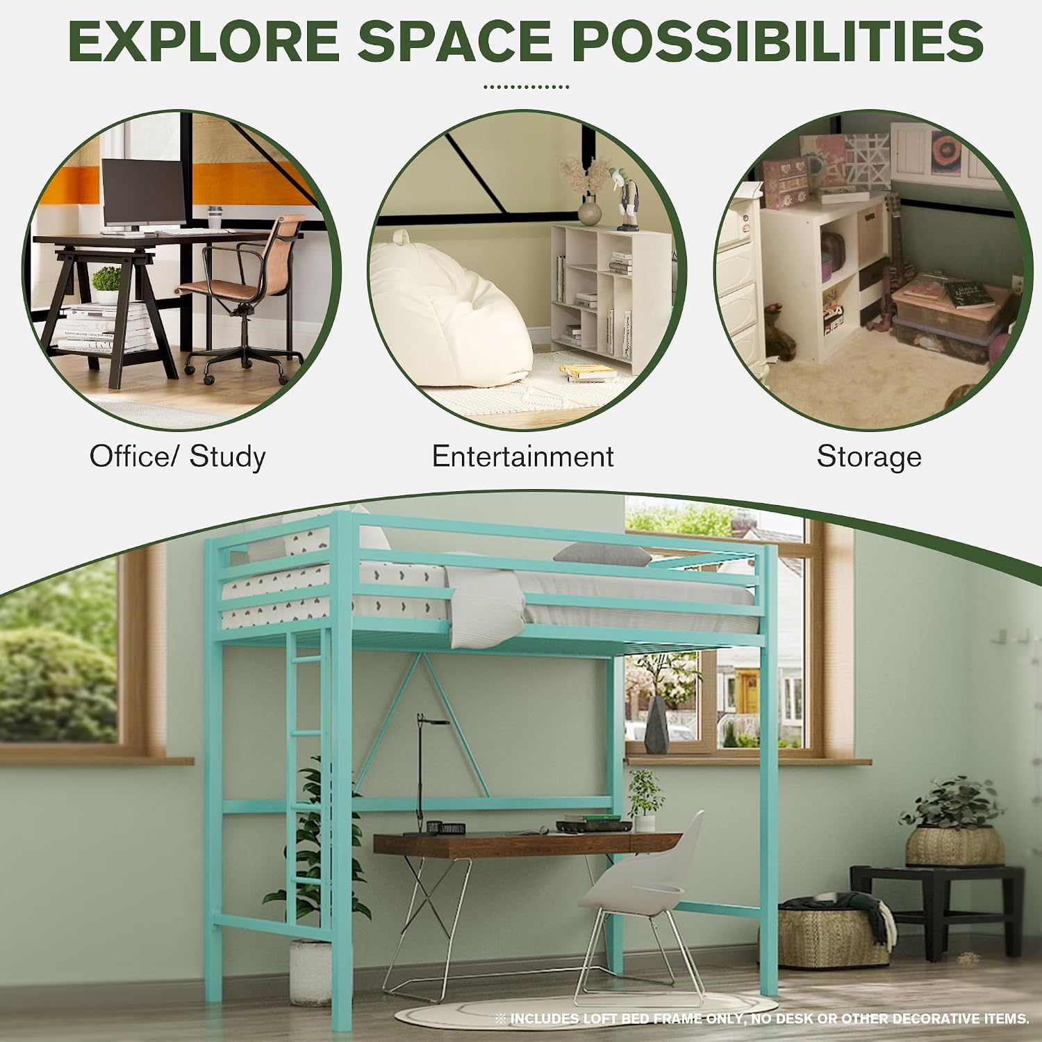 MUTICOR Twin Loft Bed Frame for Juniors and Adults with Safety Guardrail and Ladder,Metal Slats Support, Small Space Saving Furniture for Bedroom Kids Room and Dorm,Aqua Green
