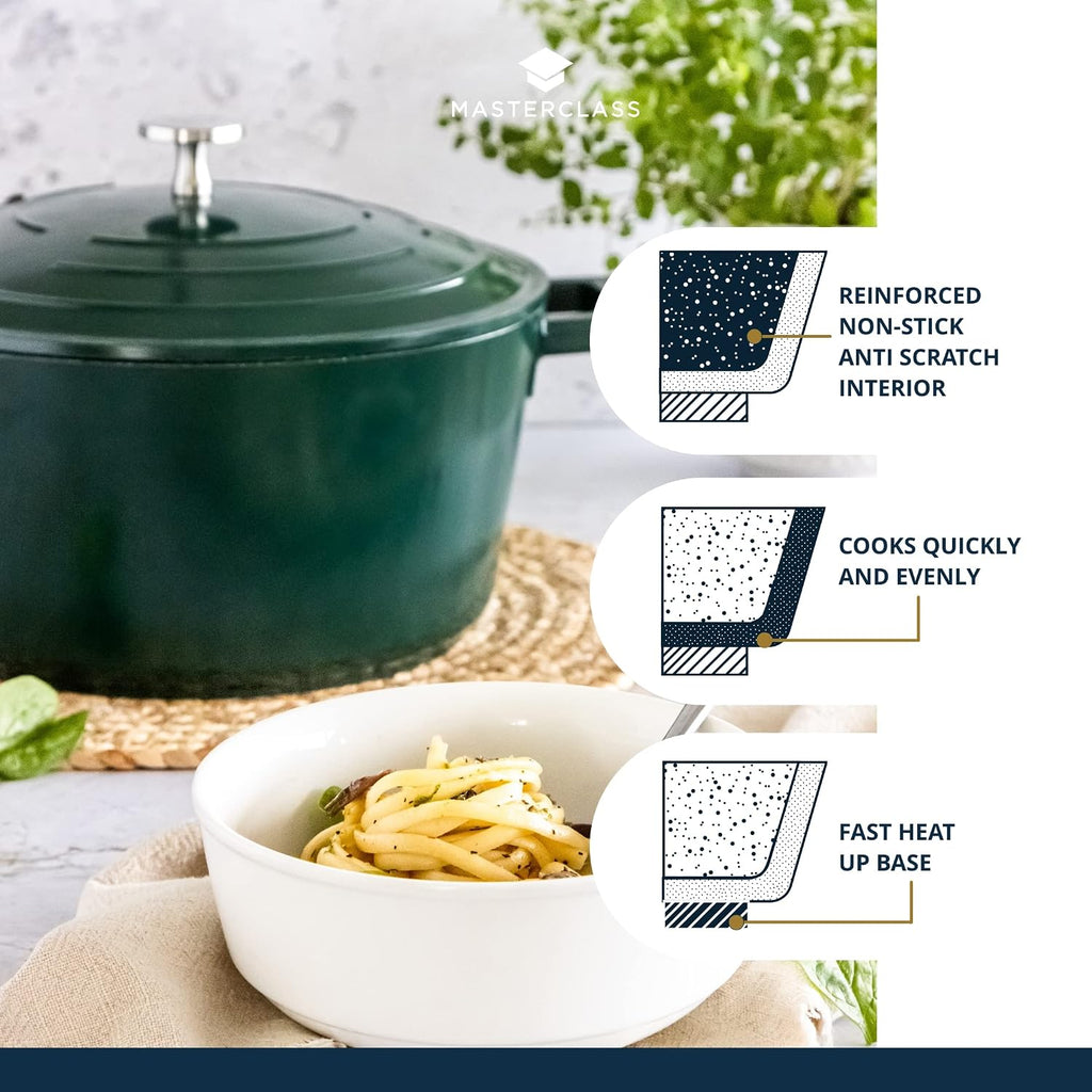 Master Class Large Casserole Dish with Lid, Lightweight Cast Aluminium, Induction Hob and Oven Safe, Hunter Green Colour, 5 Litre/28 cm
