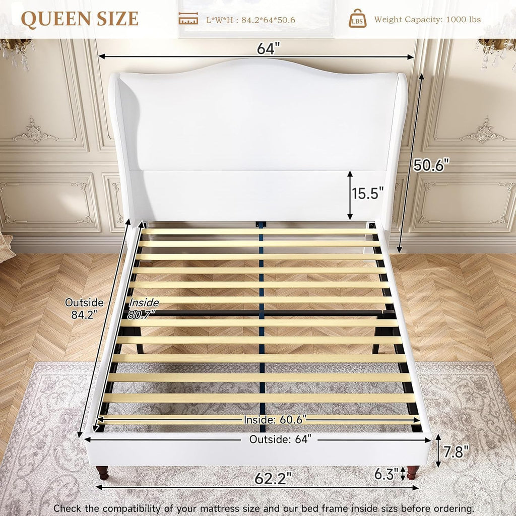 koorlian Queen Size Bed Frame with 51' Tall Headboard, Fully Upholstered Platform Bed Frame with with Soft Fabric, Sleigh Wingback, Solid Wood Retro Legs, Modern Minimalist Style, Easy Assembly, White