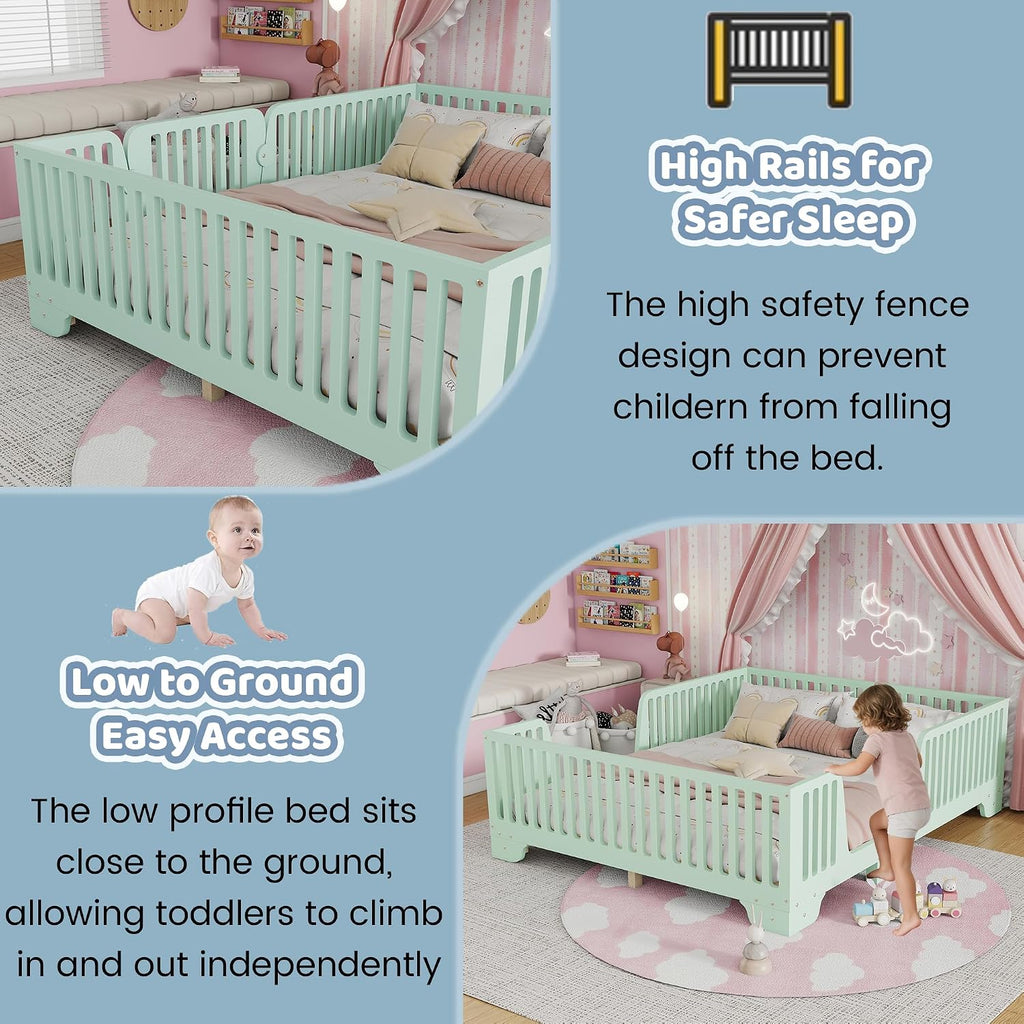 Montessori Full Floor Bed with High Rails and Removable Doors, Wood Low Profile Kids Full Size Bed Frame for Girls Boys, Safe Montessori Crib Floor Bed with Slats ,No Box Spring Needed, Green
