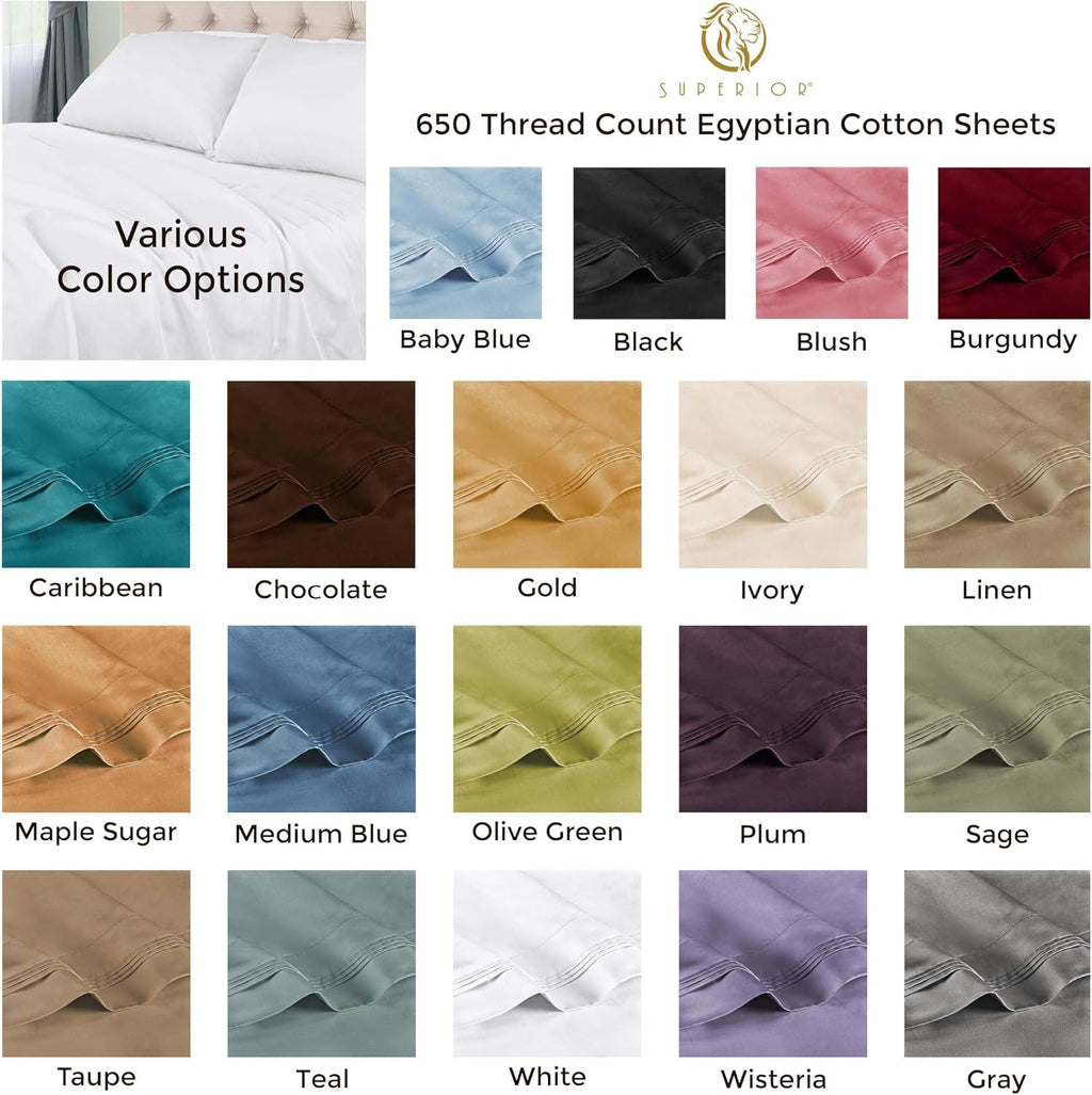 Superior Egyptian Cotton 4 Piece Sheet Set, 650 Thread Count, Eco-Friendly, Sustainable Sheets, Ultra-Soft Basics, Solid, Deep Pocket Fitted Sheet, Flat Sheet, Pillowcases, California King, Black