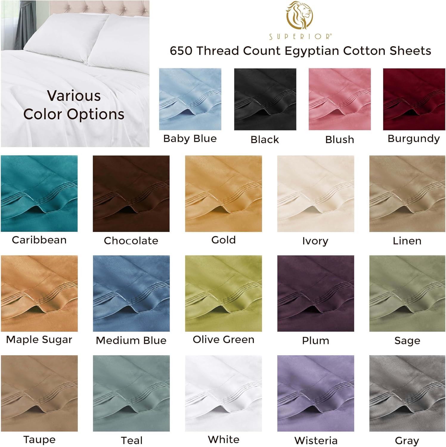 Superior Egyptian Cotton 4 Piece Sheet Set, 650 Thread Count, Eco-Friendly, Sustainable Sheets, Ultra-Soft Basics, Solid, Deep Pocket Fitted Sheet, Flat Sheet, Pillowcases, California King, Black