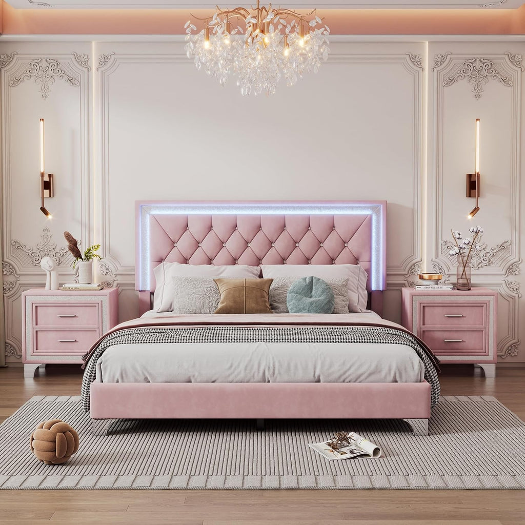 Flieks Bedroom Sets, 3-Pieces Bedroom Sets, Queen Size Upholstered Platform Bed with LED Lights and 2 Nightstands, Pink