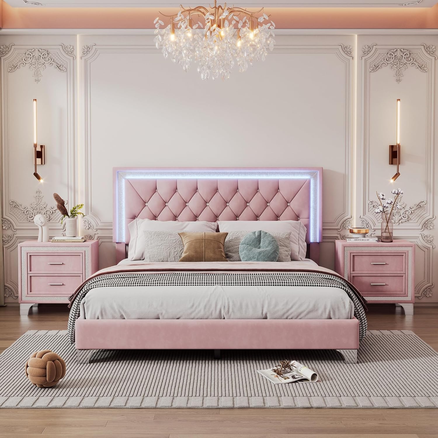 Flieks Bedroom Sets, 3-Pieces Bedroom Sets, Queen Size Upholstered Platform Bed with LED Lights and 2 Nightstands, Pink