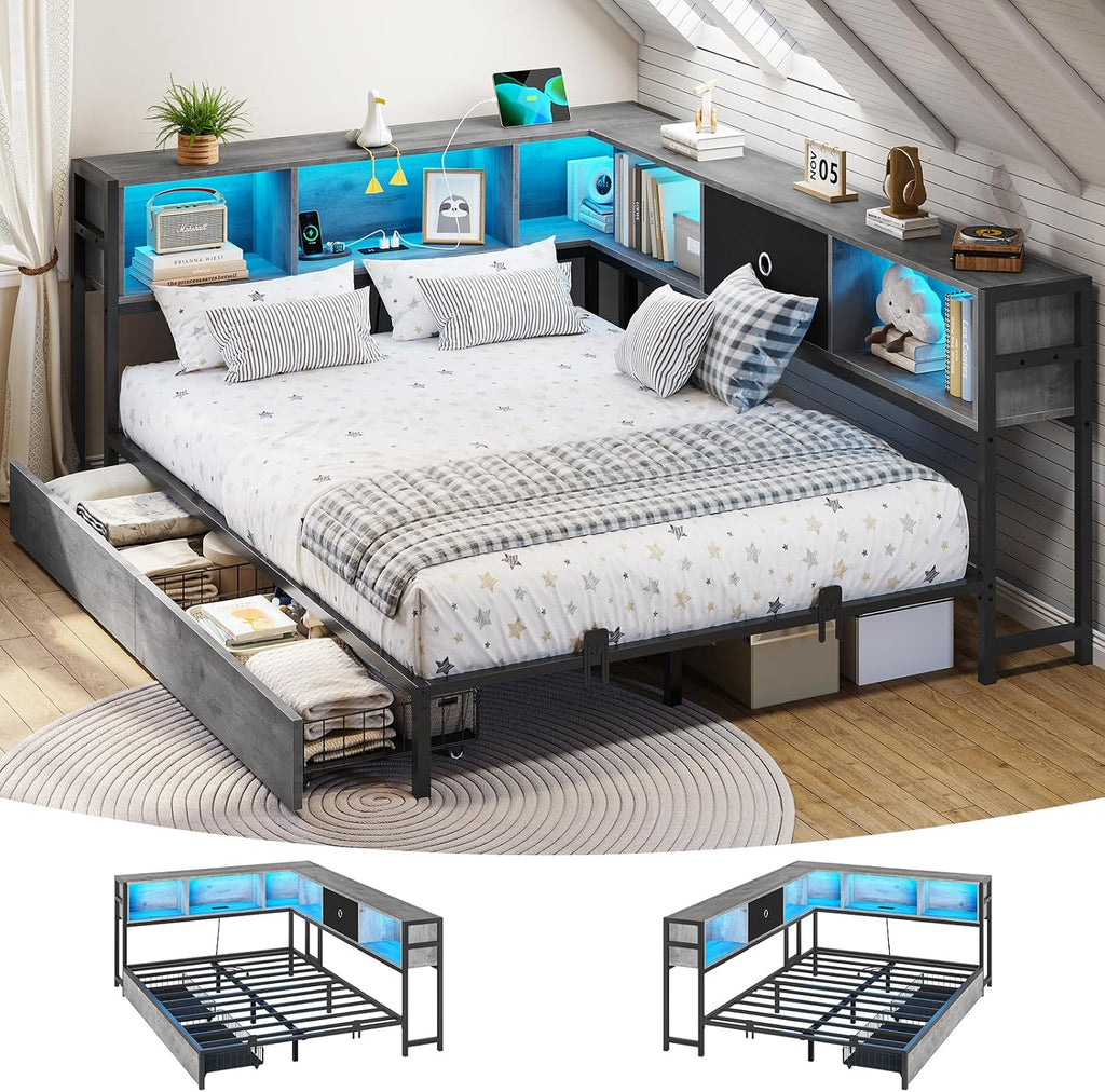 DICTAC Corner Full Bed Frame with Bookcase Storage and Led Lights Full Size Metal Platform Bed Frame with Storage Drawers & Charging Station Full Daybed for Living Room,Bedroom,Guest Room,Oak Gray