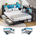 DICTAC Corner Full Bed Frame with Bookcase Storage and Led Lights Full Size Metal Platform Bed Frame with Storage Drawers & Charging Station Full Daybed for Living Room,Bedroom,Guest Room,Oak Gray