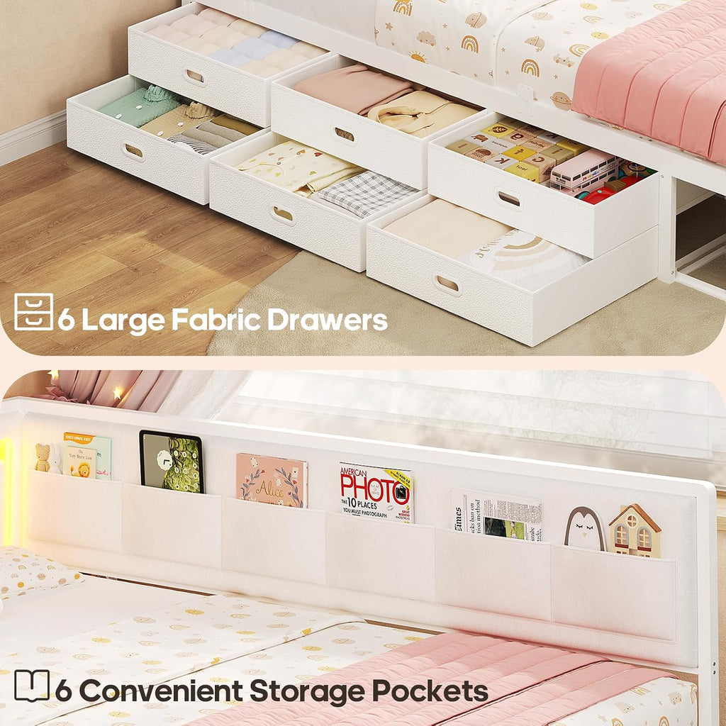 ADORNEVE Twin Corner Bed Frame with 8 Drawers, 6 Storage Pockets, Twin Daybed with Storage and RGB Wave Lights, Twin Size Platform Bed with L-Shaped Upholstered Guardrail for Kids Teen,White
